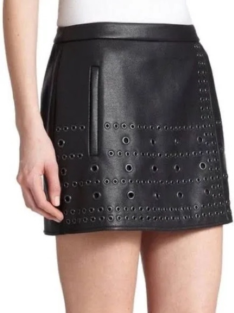 BCBG Black Eyelet Studded Faux Leather Mini Skirt